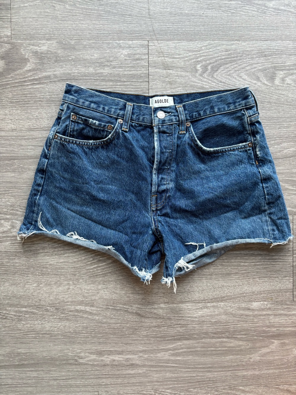 AGOLDE Mid Blue Distressed Denim Cutoff Shorts